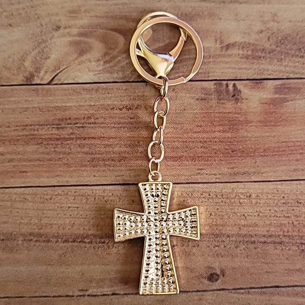Rhinestone Black and Gold Toned Cross Keychain Keyholder